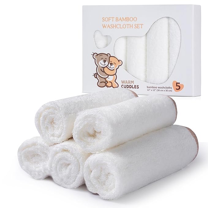 Soft Baby Washcloths Set - Absorbent Natural Baby Wash Cloth for Delicate Skin - 12"x12" Large Baby Bath Washcloths - Newborn Bath Face Towel (White)