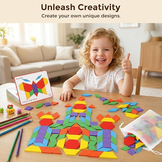 LovesTown Wooden Pattern Blocks Set for Kids, Geometric Shapes with Learning Cards, 150 PCS Educational Puzzle Toy