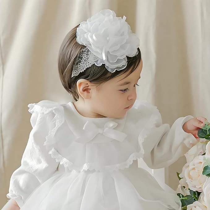 Baby Girls Flower Headbands Cute Kids Christening Headband Soft Lace Hairbands Floral Crown Newborn Infant Toddlers Hair Accessories for Birthday Party Photography(Beige Flowers)