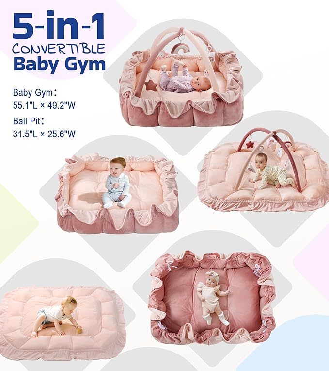 Little Dove 5-in-1 Plush Baby Play Gym, Tummy Time Mat with Blanket and 6 Sensory Toys, Baby Play Mats, Convertible Baby Gym for Sensory Development from Newborn to Toddler, Pink