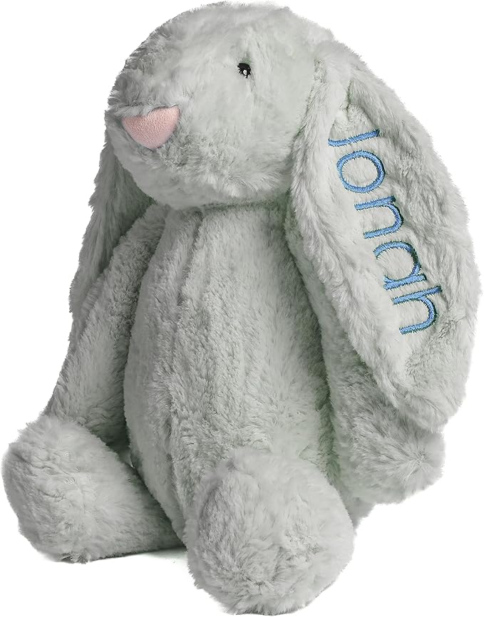 Personalized Super Soft Plush Bunny - Stuffed Animal Toy for Kids - Custom Gift with Embroidered Name on Ear for Easter, (Gray, Medium)
