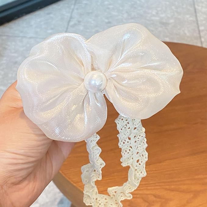 Baby Girls Hairband White Bow Lace Headbands Handmade Soft Stretchy Bowknot Hairbands Newborn Headband with Bows Pearls Elastic Head Band for Newborn Infant(Beige Satin Bow)