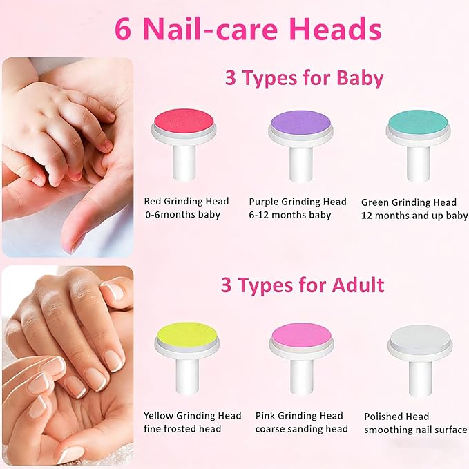 Baby Nail Trimmer Electric Baby Nail File, Baby Nail Clippers, 6 Grinding Heads, Safe Easy Quiet Baby Nail Grooming Care Kit for Newborn Infant Toddler Kids Adult Toes Fingernails (BabyPink)