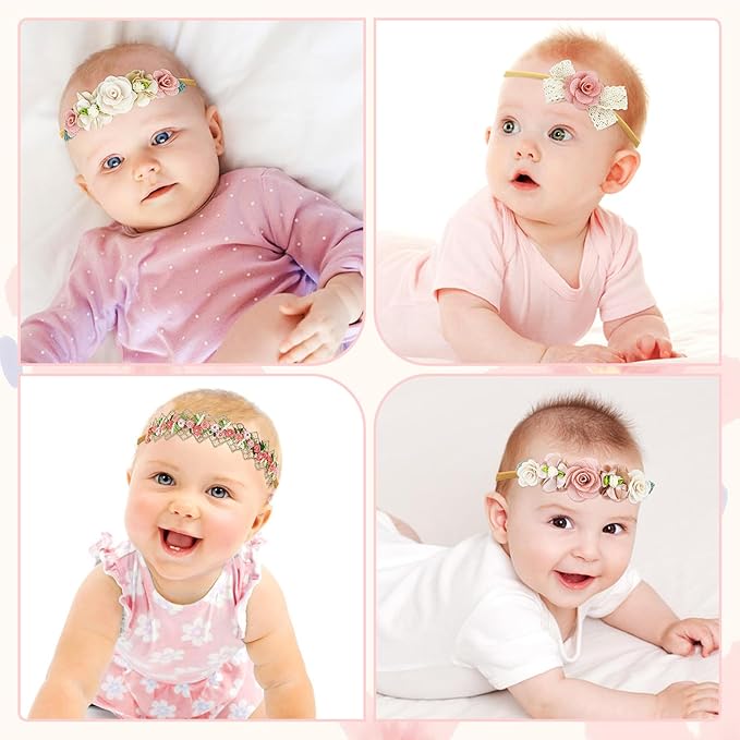 Dizila 6 Pieces Super Soft Stretchy Beige Dusty Pink White Baby Girl Flower Nylon Headbands Lace Floral Bow Headbands Hair Accessories for Newborns Infants Toddlers Girls Kids