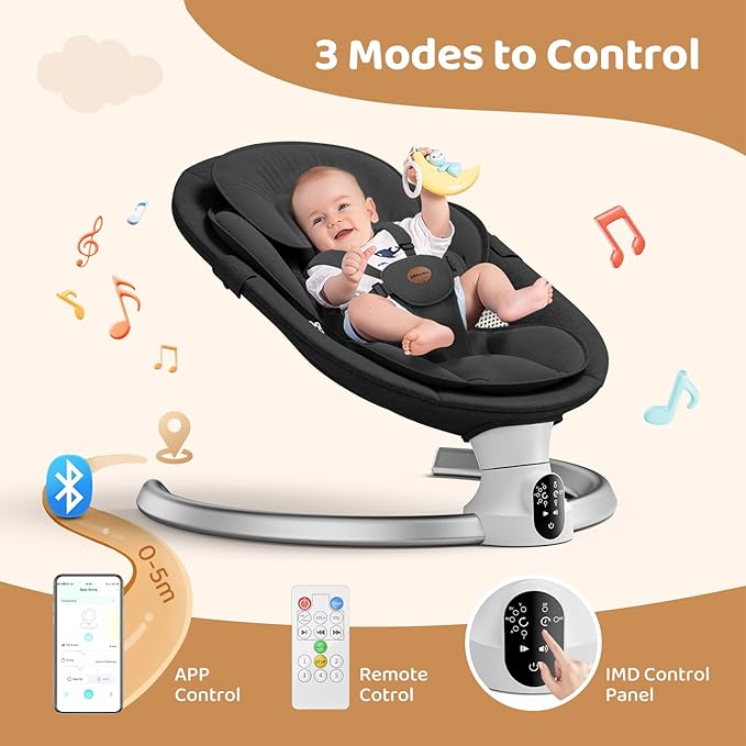 Baby Swings for Infants - Exclusive App & Bluetooth Function, Electric Baby Swing with 5 Point Harness & 5 Sway Speeds, 10 Preset Lullabies, Portable Infant Swing for Indoor/Outdoor (Black)