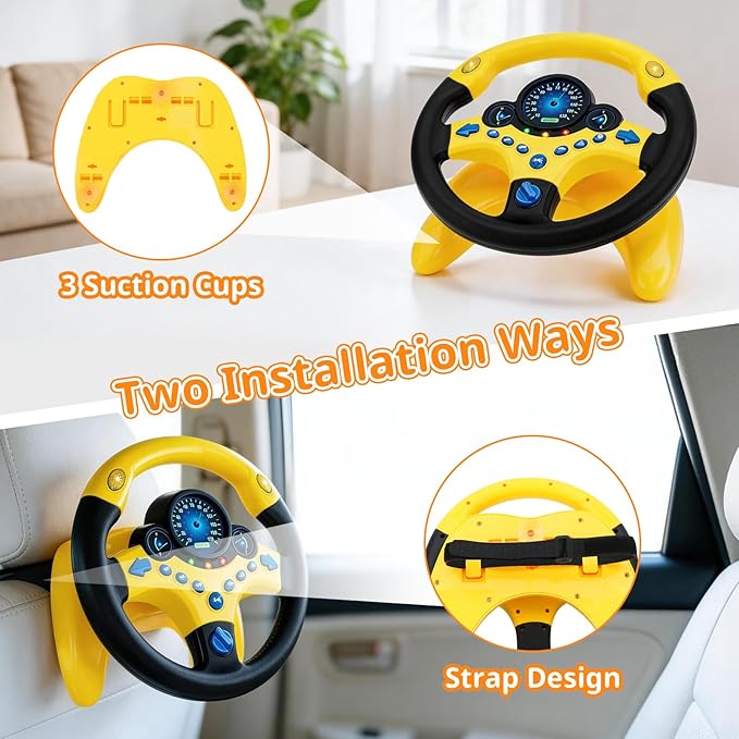 deAO Kids Steering Wheel for Backseat with Car Key Pretend Driving Simulated Driving Steering Wheel Toy with Light and Music Gifts for Kids (Yellow)
