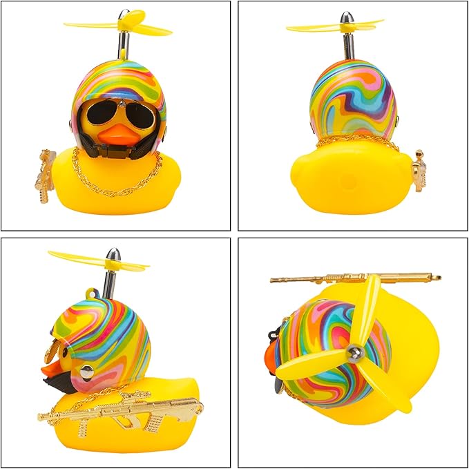 wonuu Rubber Duck Car Ornaments Cool Yellow Duck Car Dashboard Decorations Squeaky Glasses Duck with Propeller Helmet for Car ccessories Dashboard (Rainbow-Yellow G)