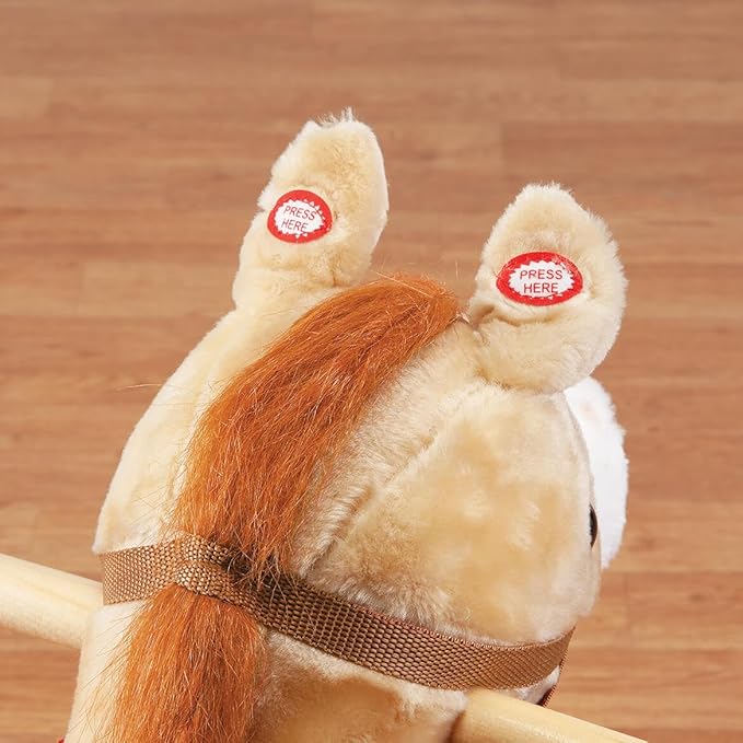 Custom Animated Rocking Horse – Soft Plush Ride-On Pony with Sounds, Movable Mouth & Tail – Includes Custom Bandana – 25" Wooden Base