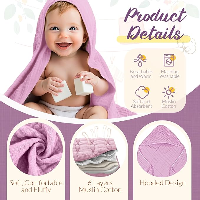 VitalCozy 12 Pcs Baby Muslin Hooded Bath Towels and Washcloths, Muslin Hooded Baby Towels Absorbent Blankets for Gift Newborn Infant Shower (Purple Series)