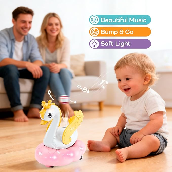 Baby Swan Musical Crawling Toy with Lights, Sounds, Blowing Ball, Infant Sensory Toys, Birthday Gifts for Kids Boy Girl 3 4 5 6 7 8 Years