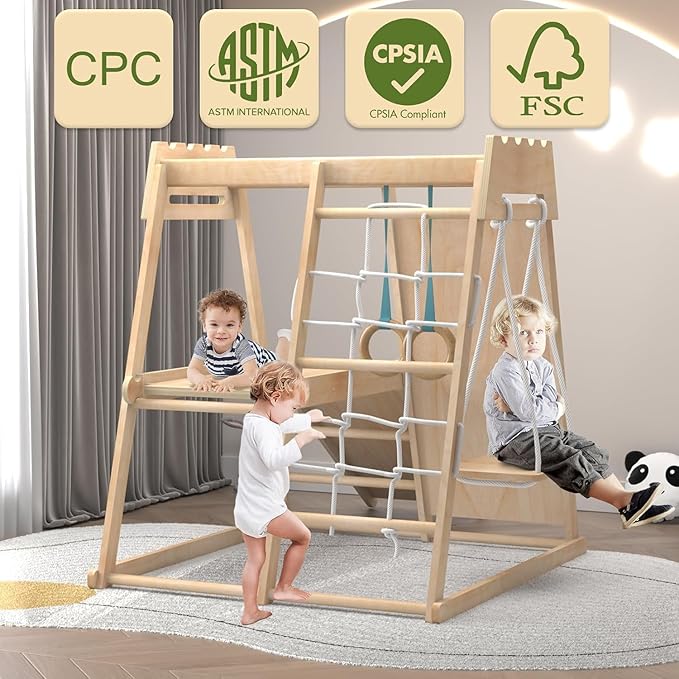 8-in-1 Indoor Playground, Indoor Jungle Gym for Toddlers, Kids Climbing Toys Indoor, Wooden Montessori Climber Playset with Swing, Slide, Monkey Bar, Wood Ladder, Climbing Net,Gymnastic Rings