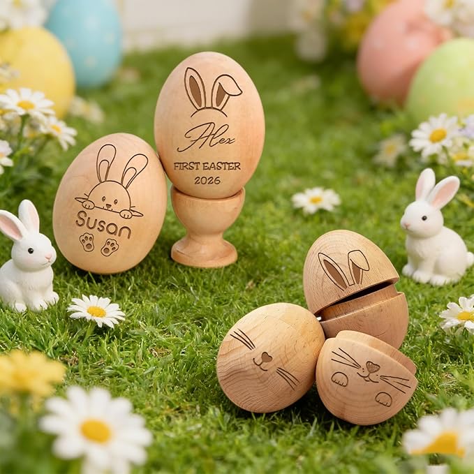 Custom Musical Easter Egg Shaker 2026, Hollow Fillable Wooden Easter Basket Stuffer, Personalized First Easter Gift for Boys Girls, Easter Home Decor (Hollow Fillable Egg)