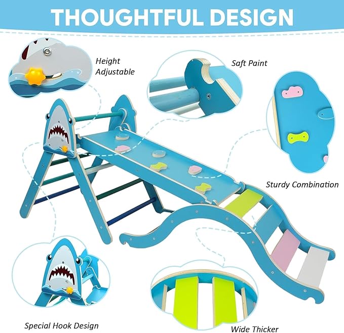 Pikler Triangle Set with Cushion 9 in 1, Climbing Toys for Toddlers 1-3, Montessori Indoor Baby Playground for Safe Motor Skills Development (Blue-Shark-Set)