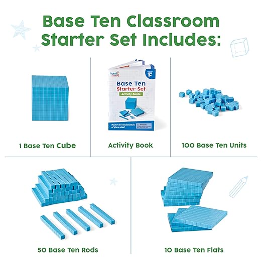 hand2mind Blue Plastic Base Ten Blocks Complete Classroom Set, Place Value Blocks, Counting Cubes, Math Blocks Kindergarten, Manipulative Kit for Mathematics for Elementary Teachers (Set of 161)