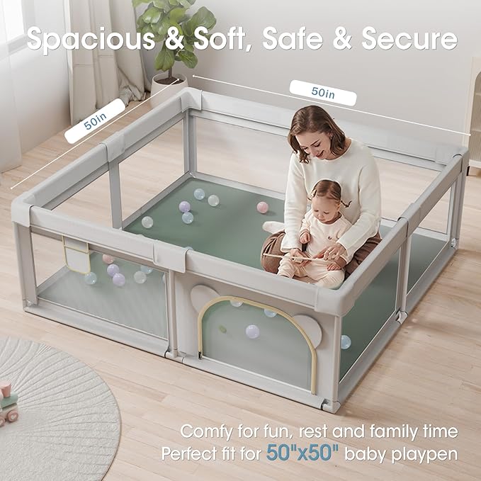 Comehealthy Baby Play Mat for Floor, 50x50 Vegan Leather Playpen Mat, Thickened Foam Cushioned Mat for Infants and Toddlers, Waterproof, Non-Slip & Stylish Playmat for Babies, Easy to Clean, Green