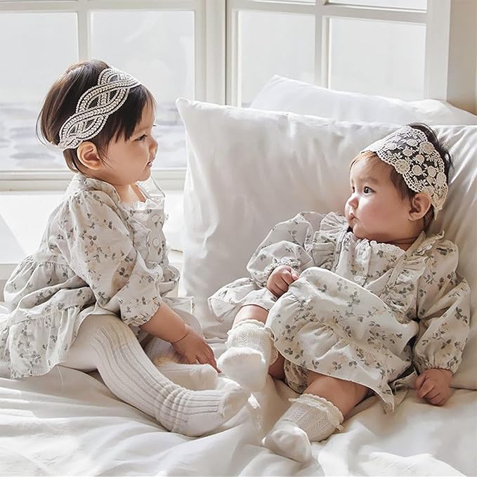 Lace White Bow-knot Baby Girls Headband Birthday Shower Infant Wrap Elastic Flower Baby Turban Hairband for Newborn Infant Toddler Kids (Wave, Elastic)
