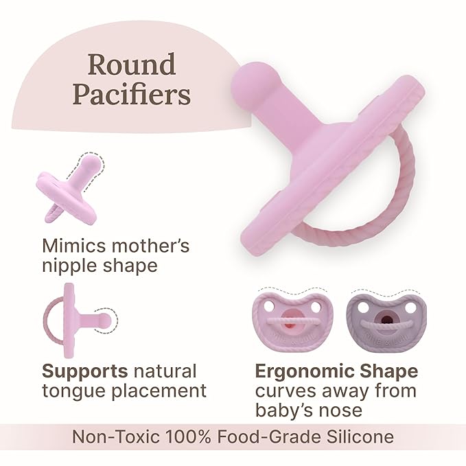 Mila & Lulu Round Silicone Pacifiers (Set of 2) – 100% Food-Grade, One-Piece Design, Soft Round Nipple, Doubles as Soother for Newborns and 0+ Months – Ballerina/Mauve