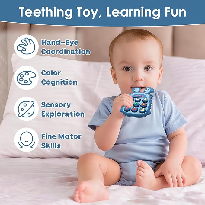 MISSLILI Teething Toys for Babies, BPA-Free Silicone Teether Toy for Infants, Cute Rabbit Phone Design with Easy-Grip Ears, Soothing Gums and Push Pop for Boy and Girl