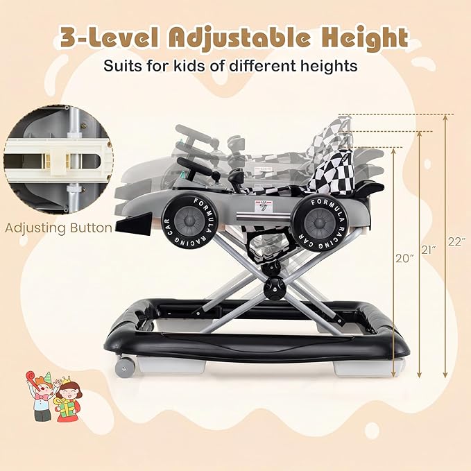 BABY JOY 4-in-1 Baby Walker, Foldable Activity Walker with Push Mode, Adjustable Height, Lights, Anti-Rollover, Baby Walker with Wheels for Boys Girls 6-18 Months (Gray)