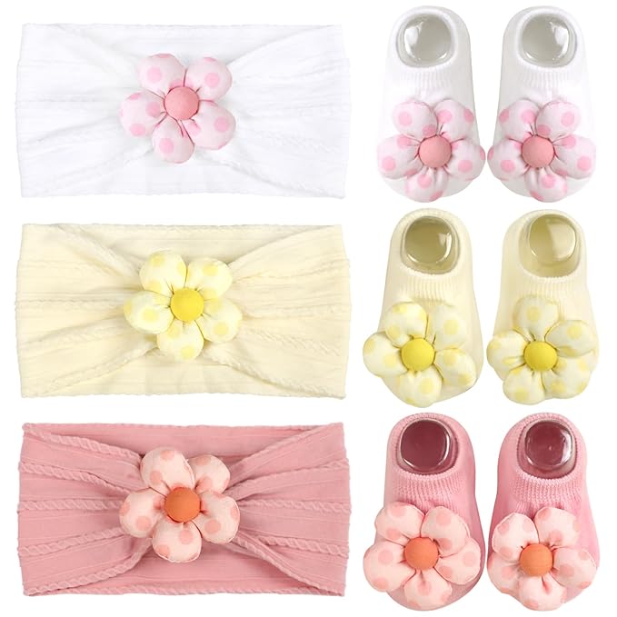MIUXUESO Baby Girls Headbands and Socks Newborn Flower Hairbands Non-Slip Grips Socks Nylon Hair Accessories Infants and Toddlers (Pink, 6-12 Months)