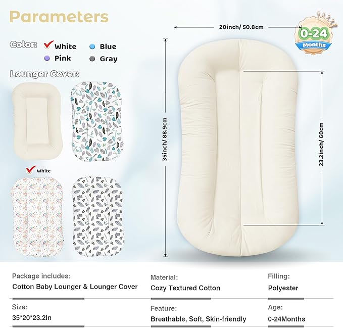 Baby Lounger for Newborn - Infant Lounger 0-24 Months with Lounger Cover, Adjustable Baby Nest Lounger, Breathable Fabric & 3D Support Newborn Lounger, Portable Newborn Essentials, White