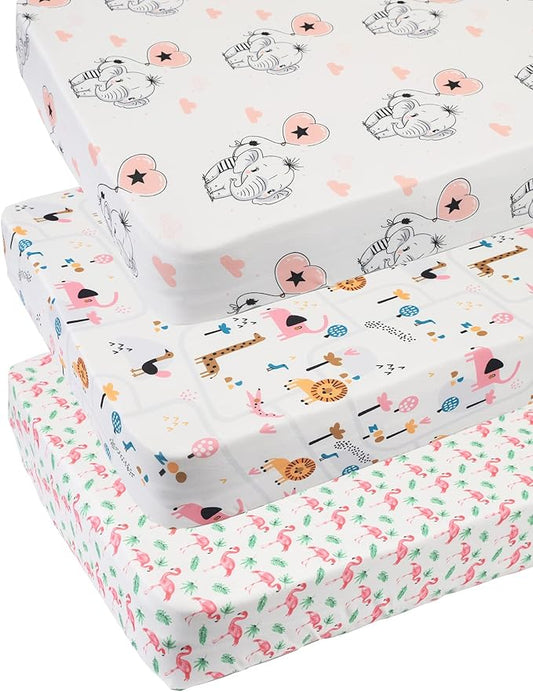 Pack n Play Sheet Stretchy Fitted Set 3 Pack Compatible with 4moms Breeze Plus Playard and Other Large Playpen Mattress Ultra Soft Jersey Material,Flamingo Elephant & Lion