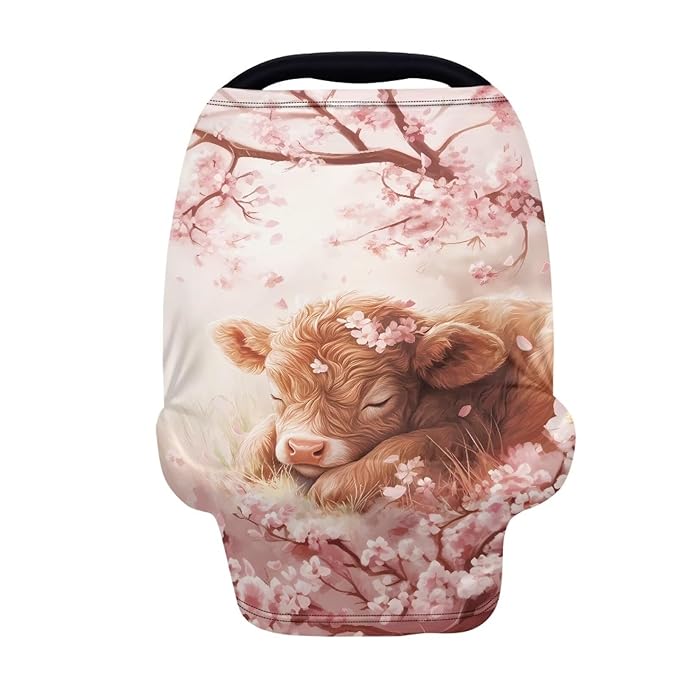 Wanyint Highland Cow Flower Pink Infant Car Seat Cover Cute Car Seat Cover for Babies, Carseat Canopy Baby Breastfeeding Stroller High Chair Shopping Cart Cover