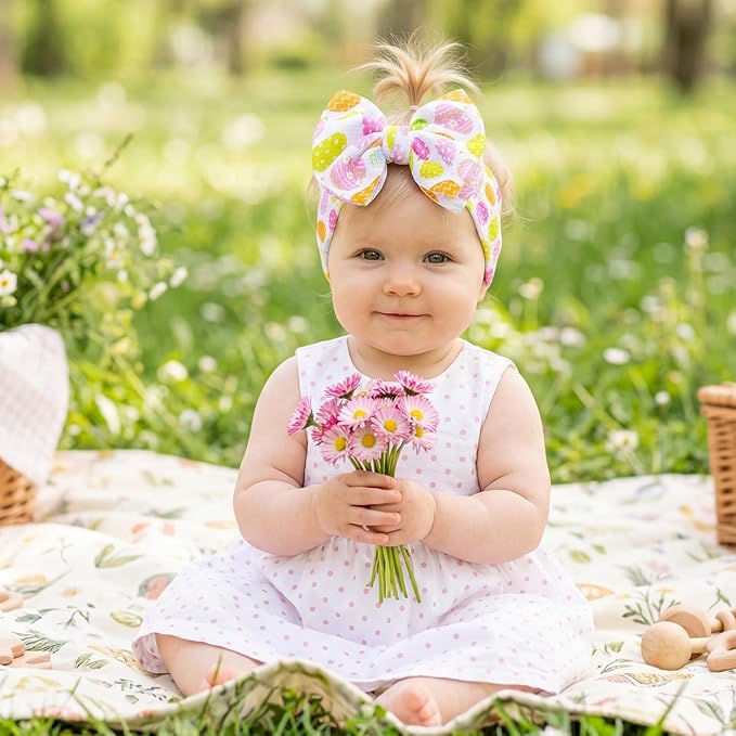 2Pcs Easter Baby Headband Rabbit Egg Easter Hair Bows for Girls Large Easter Bunny Ears Headband Toddler Girls Nylon Hair Accessories Big Bows Hairband