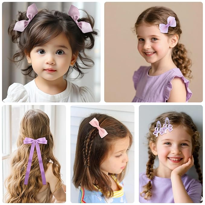 18pcs purple & pink hair bows for girls. cute bows with alligator clips, bow hair ties, snap-clip hairpins. Handmade hair accessories gift set for girls.