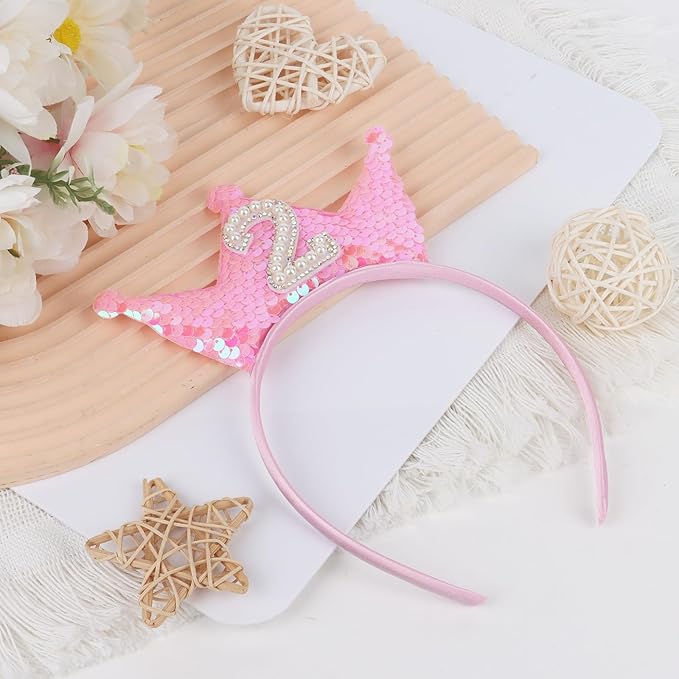 Birthday Crown Headband Pink Glitter Birthday Headbands for Girls 2nd Bday Outfit 2 Year Old Girl Gifts