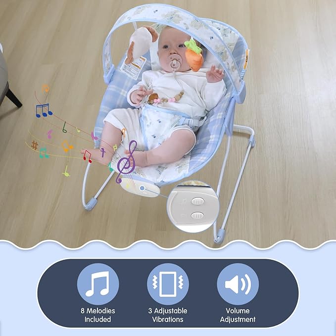 Portable Baby Bouncer Seat with 8 Melodies, 3 Vibration Levels & Adjustable Volume, Foldable Infant Bouncer Rocker with Safety Harness for Baby 0-6 Months, Indoor & Outdoor Use BR2401
