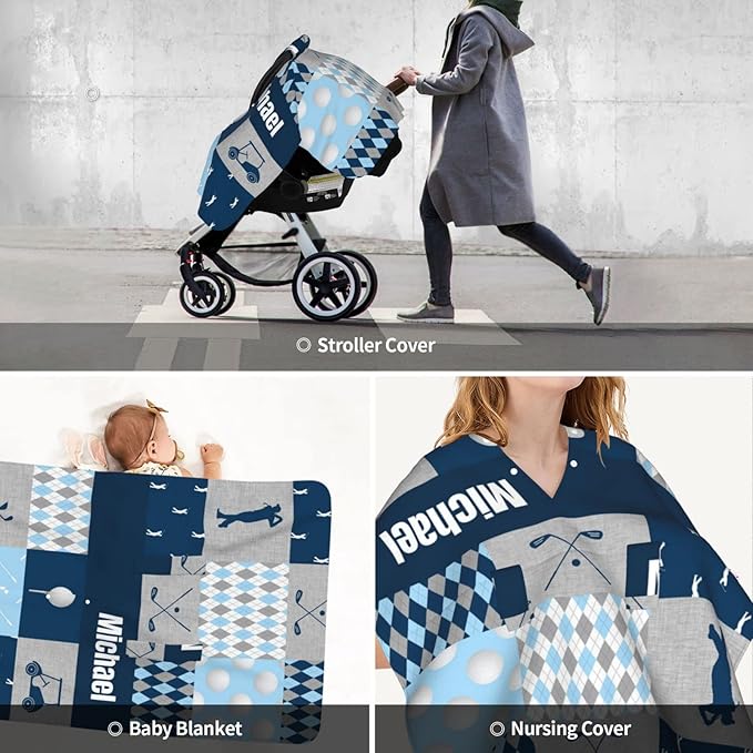 Personalized Baby Car Seat Canopy for Babies with Name, Custom Car Seat Covers for Boys, Infant Opening Minky Nursing Breastfeeding Stroller Cover Carseat Canopies for Newborn (Golf Theme)
