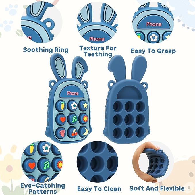 MISSLILI Teething Toys for Babies, BPA-Free Silicone Teether Toy for Infants, Cute Rabbit Phone Design with Easy-Grip Ears, Soothing Gums and Push Pop for Boy and Girl
