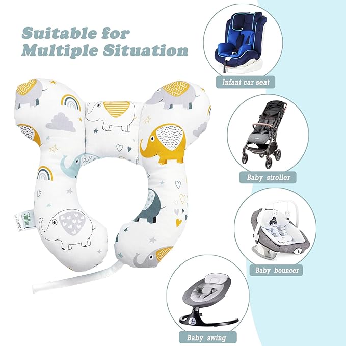 Baby Reversible Travel Pillow for Car Seat & Stroller, Lightweight U-Shaped Comfort Seat Accessory, Elephant Design