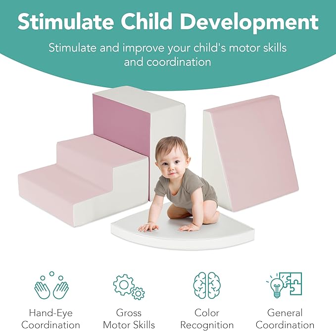 Best Choice Products Soft Foam Climbing Blocks for Toddlers, 4-Piece Baby Play Set, Easy-Clean Vinyl Foam Shapes, Safe Certified Materials, Early Learning Motor Skill Development Toy - Pink