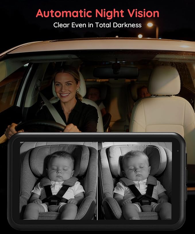 LUCKVIEW BM2 PRO Dual Baby Car Camera, 5.2" 1080P HD Display for Rear-Facing Car Seats, IR Night Vision, Anti-Shake Mount, Easy Install – Ideal for Parents with 2 Kids and Pets