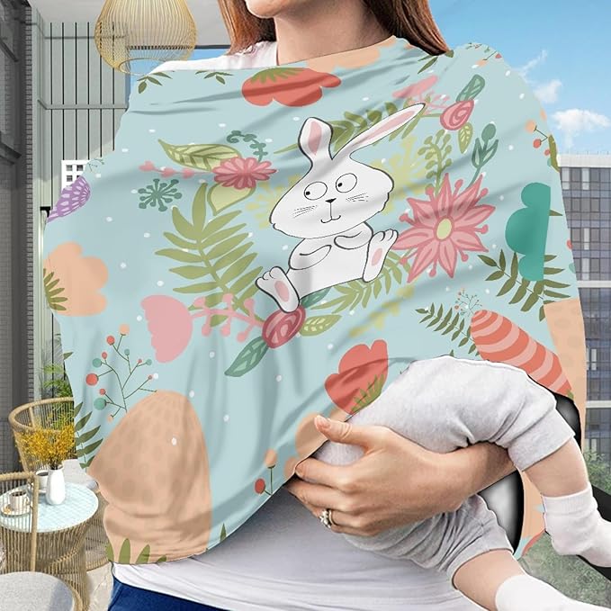 Cute Rabbit Floral Print Car Seat Canopy for Baby Infant,Easter Theme Nursing Cover Multi Breastfeeding Scarf,Shopping Cart/High Chair/Stroller Covers