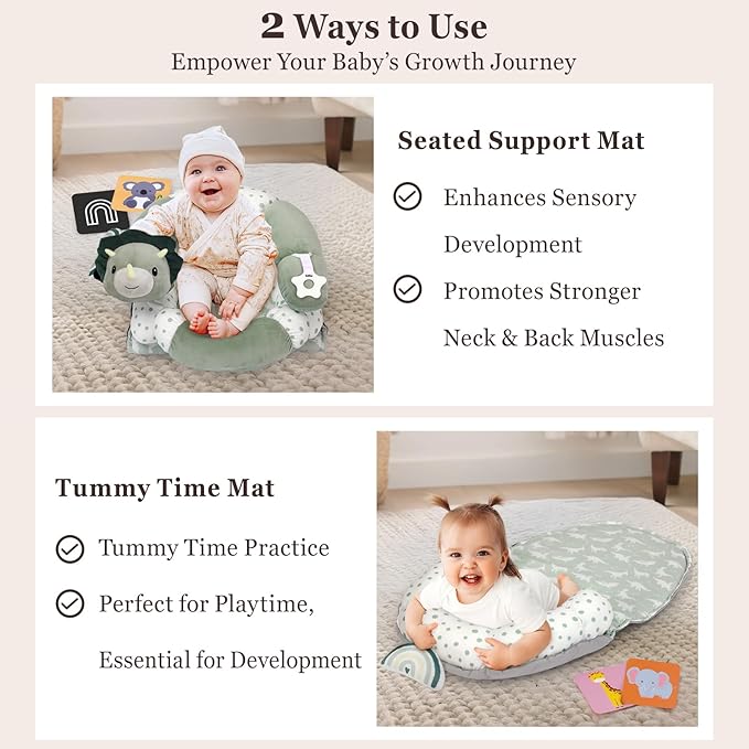 Foryoomi 4 in 1 Tummy Time Mat with Educational Cards, Play Mat & Sitting Support for Newborn 0-12 Months, Infant Baby Sit Me Up Floor Seat, Sensory Skills Gifts, Dinosaur