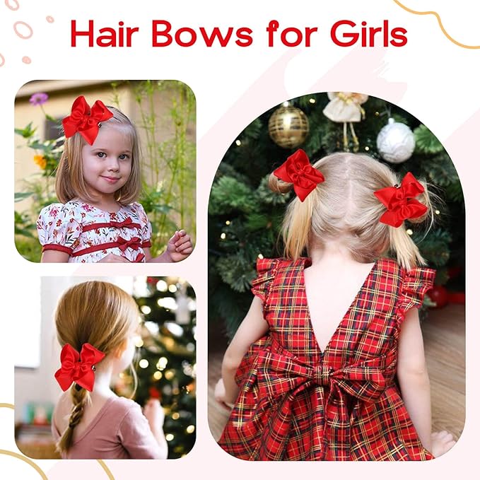 OAOLEER 2PCS 3.5inch Hair Bows for Girls，Red Stain Ribbon Hair Bows Alligator Clips Hair Accessories for Back To School Teen Toddler Girls Kids (Red)