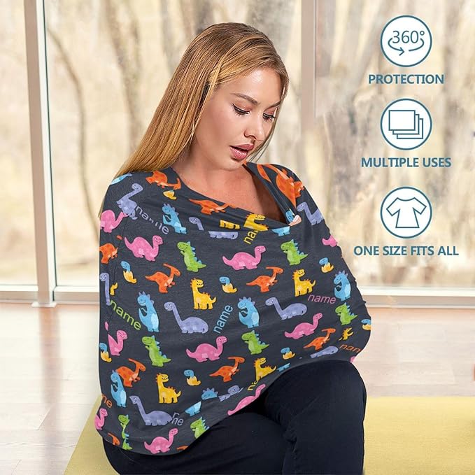 Personalized Baby Car Seat Cover for Babies, Custom Name Baby Car Seats Canopy for Boys Girls, Nursing Breastfeeding Stroller Covers for Infant Newborn, Shower Gift for Baby (Colorful Dinosaur)