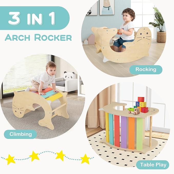 Olakids Climbing Arch for Toddlers, 3 in 1 Kids Wooden Rocking Horse Toy Climber Rocker Play Table, Baby Pikler Montessori Indoor Activity Climb Gym Playground Gift for Boys Girls