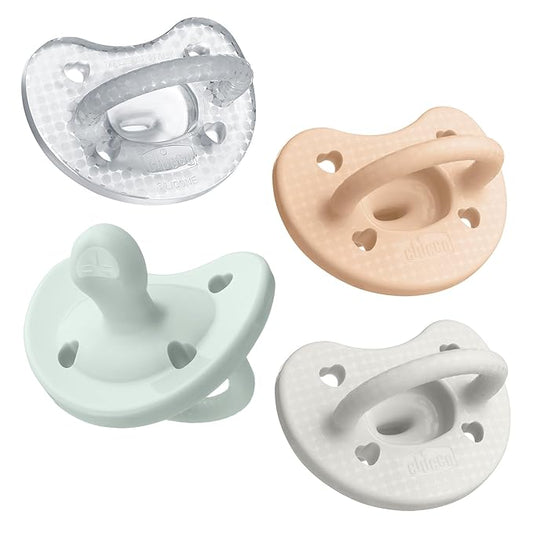 Chicco PhysioForma Luxe Orthodontic Pacifier for Babies 0-6 Months, One-Piece 100% Soft Silicone, Supports Breathing, Textured Shield & Handle, Included Sterilizing Case, BPA Free, 4-Pack, Multicolor