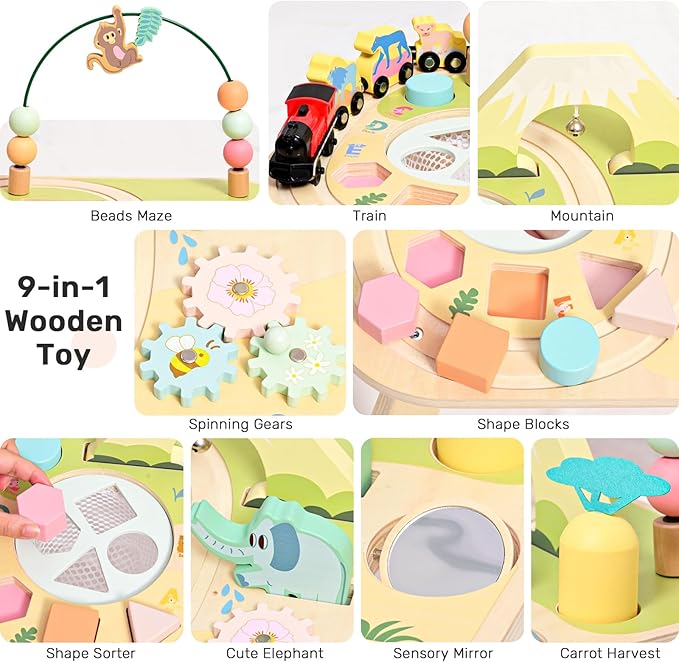 WINGYZ Activity Table for 1 Year Old Toddler, 9-in-1 Morandi-Colored Wooden Montessori Toys, Baby Play Table with Bead Maze Shape Sorter Train Toy, Educational Gifts for 12 Months+ Kids Boys Girls