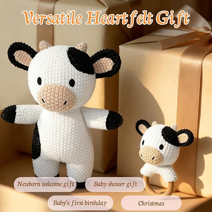 10" Handmade Crochet Cow Stuffed Animal, Baby-Safe Cotton Plush with Rattle, Hypoallergenic Toy for Newborns 0-12 Months, Ideal Baby Shower & 1st Birthday Gift