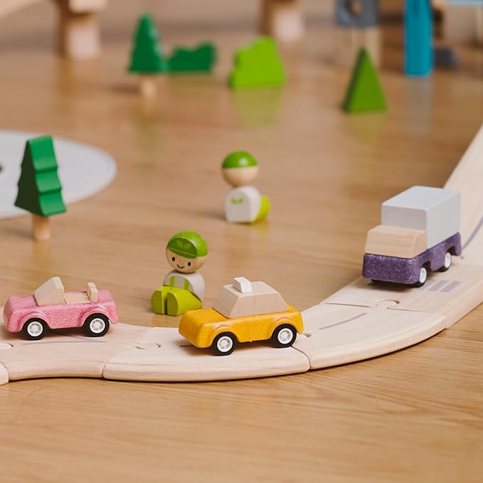 PlanToys® Yellow Taxicab Wooden Montessori Vehicle Toy | Early Movement, Imagination and Practical Life Exploration | Eco Friendly Taxi for Indoor and Outdoor Play
