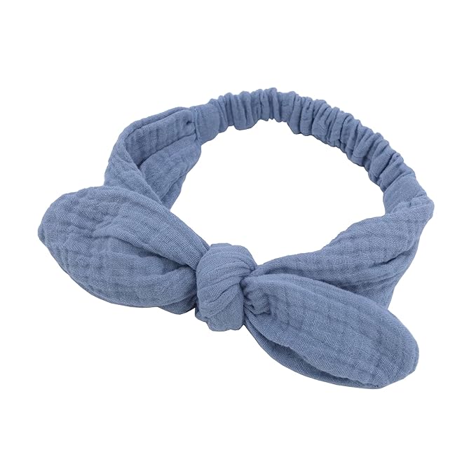 Sugarmelon Original Cotton Gauze Headband for Newborn Toddler Infant Baby Girl Kids Muslin Cotton Hair Bow Headbands Turban Elastic Hair Bands (2 pcs Smoke Blue)