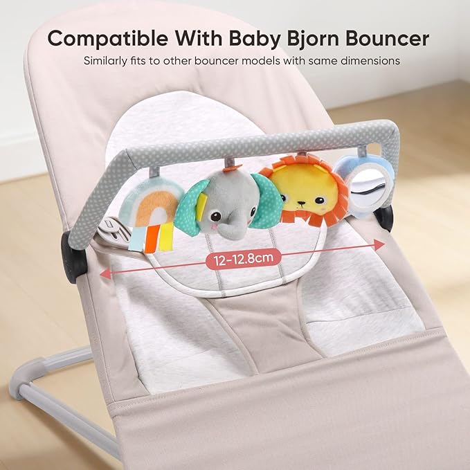 TinlyFinly Baby Bouncer Toy Bar Soft with 4 Hanging Sensory Toys Attachment, Compatible with Baby Bjorn Bouncer, with Mirror, Rattle, Crinkle Sound for Babies All Ages (Colorful Animals)