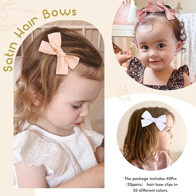 Oaoleer Baby Hair Clips, 40PCS Satin Hair Bows for Girls Toddler Babies Kids Baby, Non Slip Tiny Hair Accessories for Infants Toddlers Kids Children Little Girls (Hair Bows-Satin)