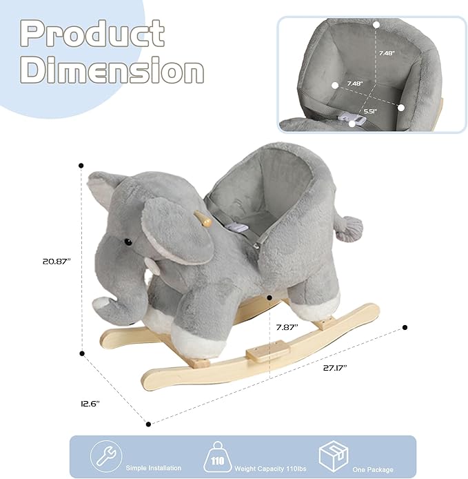 Wooden Rocking Horses Ages 1-3, Rocking Horse with Lullaby Song, Rocker Toy with Safety Belt & Footrests for Kids, Ride on Horse, Plush Rocking Animal for Christmas Birthday Gift (Grey Elephant)