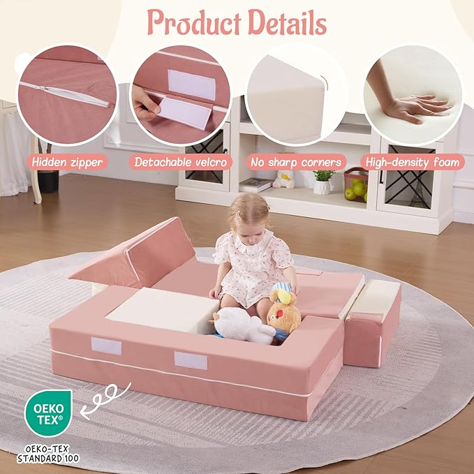 Toddler Foam Climbing Blocks|Modular Kids Soft Play Couch Sofa with 2 Ottomans Indoor,Baby Crawling & Sliding Foldable Soft Play Set with Stair,Beige & Pink